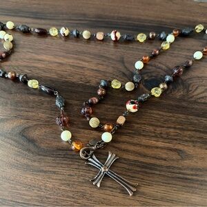 Elegant Multicolor Beaded Necklace with Cross Pendant